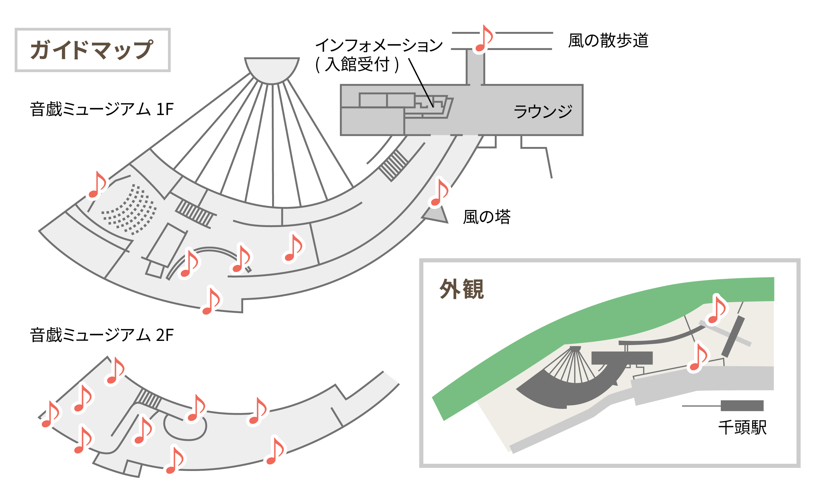 マップ内の音符をクリックすると、展示内容を見ることができます。